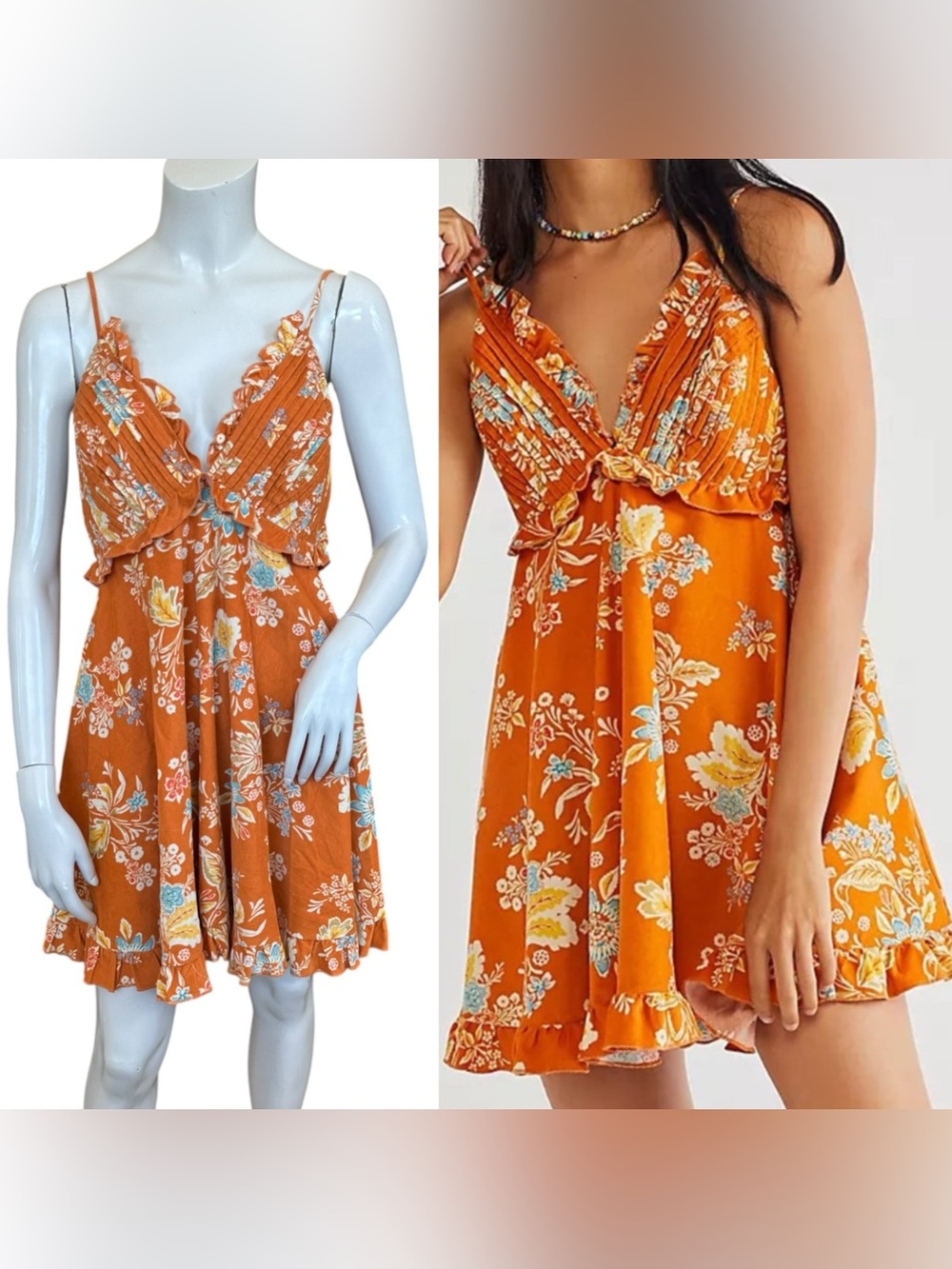 Free People Looking Glass Boho Orange Corduroy Floral Open Back Mini Dress Small